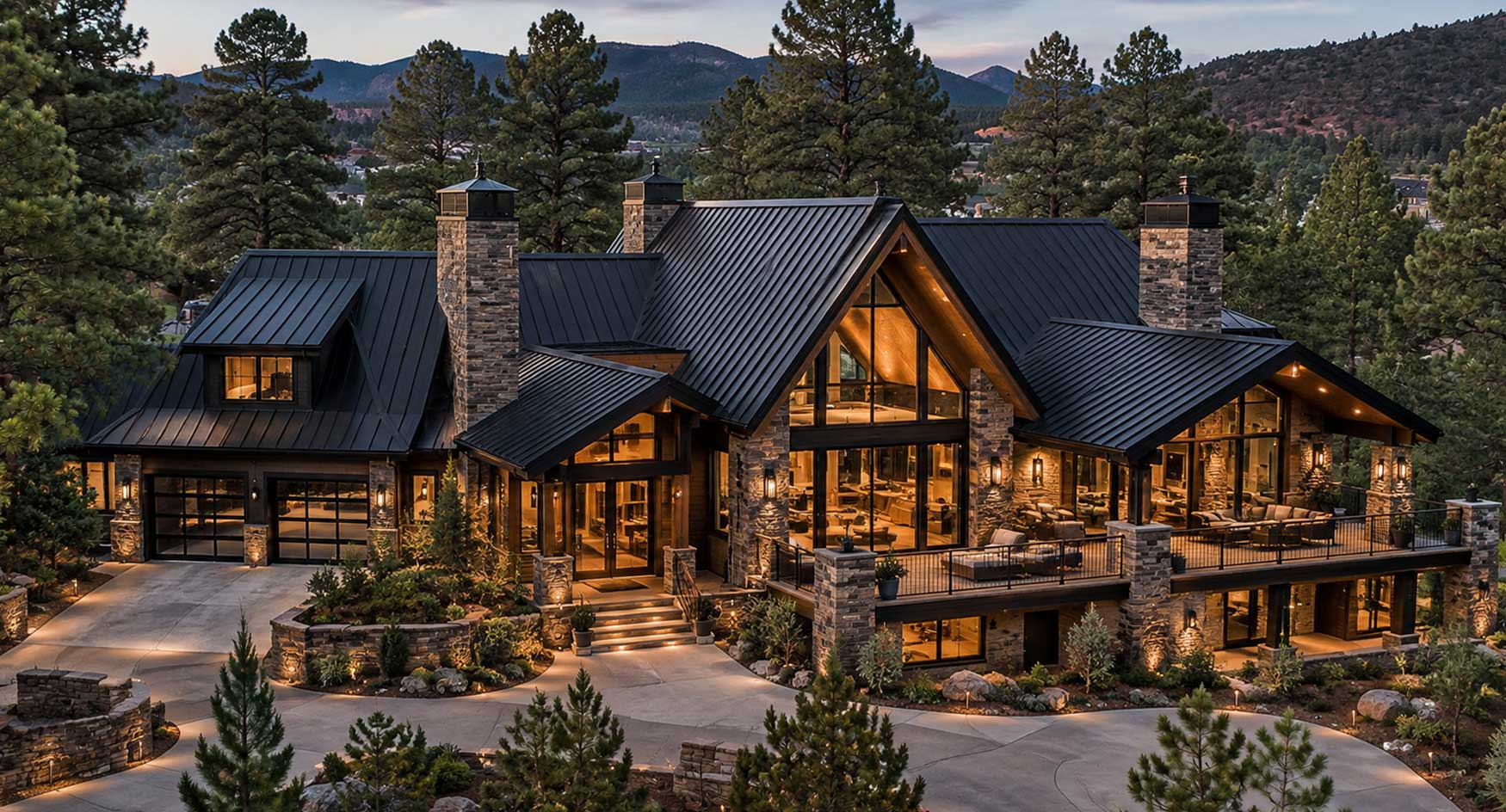 Aerial view of a Flagstaff home surrounded by ponderosa pine trees