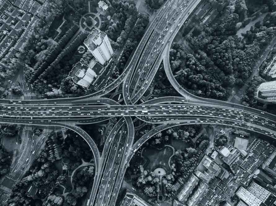 Top-down aerial photograph of a highway interchange