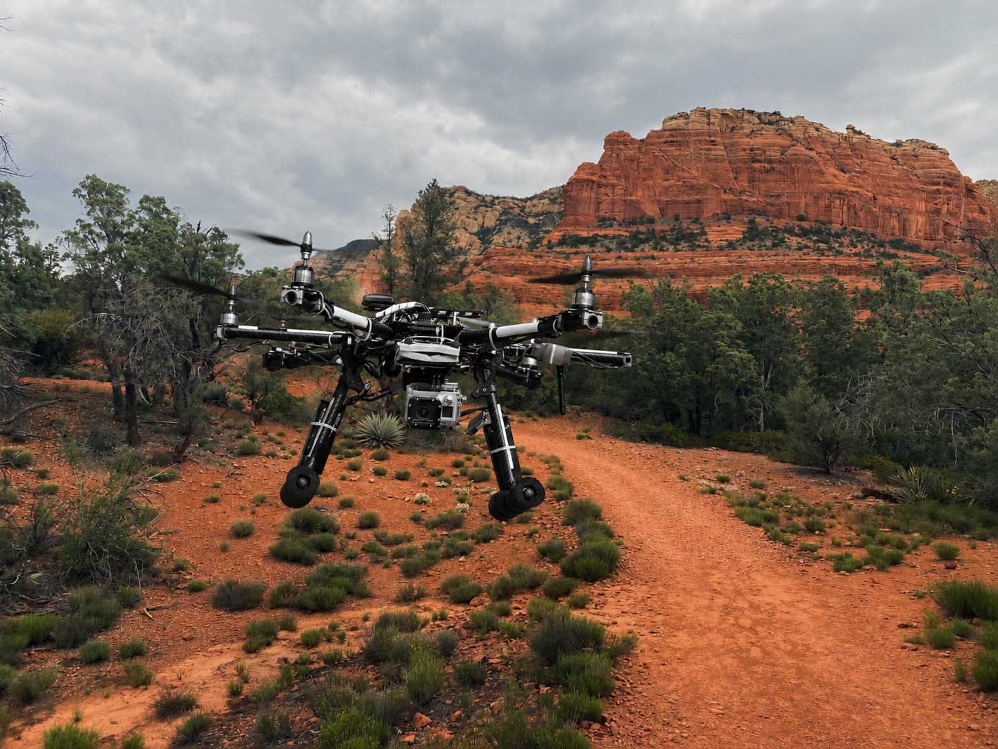 Professional camera drone flying near the red rocks of Sedona, Arizona